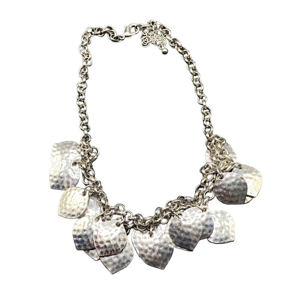 Silver tone double row hammered leaves on silver tone chain bib necklace